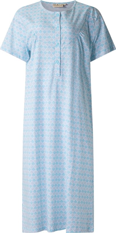 Lunatex - dames nachthemd 5026 korte mouw - nachtjapon van 100% katoen - blauw met print - maat M