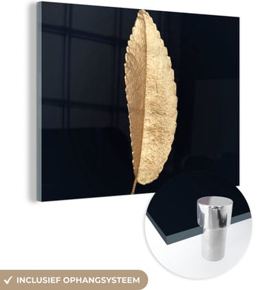 MuchoWow® Glasschilderij 160x120 cm - Schilderij acrylglas - Bladeren - Black and gold - Luxe - Chic - Natuur - Foto op glas - Schilderijen