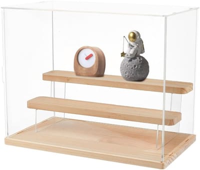 2-Laags Transparante Display Doos van Acrylaat, 31.8 x 18 x 25cm, Houten Organizer voor Dustproof Showcase, Ideaal voor Verzamelen van Mini Actiefiguren en Creatieve Projecten