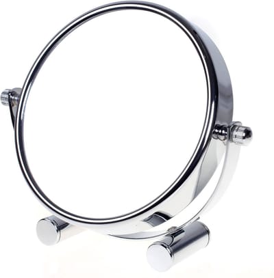 Vrijstaande kleine 6" scheerspiegel met 10x vergroting, dubbelzijdig draaibaar, chroom afgewerkt, ideaal als make-up spiegel voor thuis en onderweg, compact en praktisch