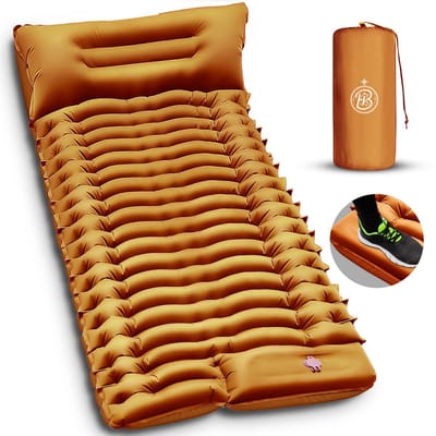 Kochar Slaapmat zelfopblazend - Slaapmat met ingebouwde voetpomp & hoofdkussen - Extra groot formaat - Camping matras - Slaapmatje - Oranje