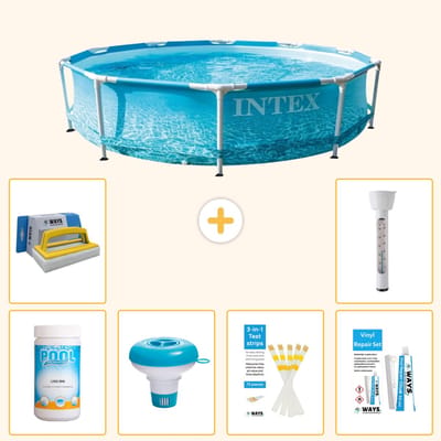 Intex Rond Frame Zwembad - 305 x 76 cm - Waterprint - Inclusief Chloor - Chloordrijver - Testrips - Reparatiesetje - Scrubborstel - Thermometer - 7-delig