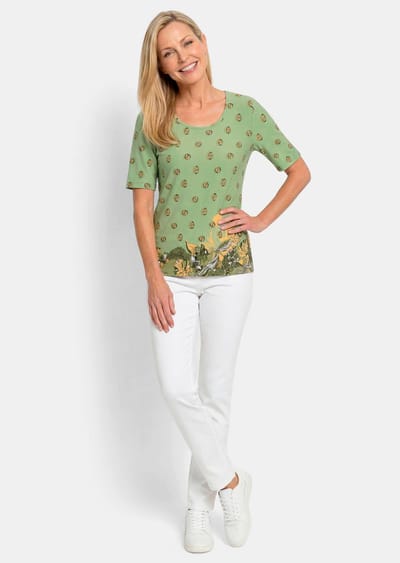 Viscose shirt met bloemen- en bladerprint - lichtgroen / honing / gedess. - Gr. 19 van Goldner Fashion