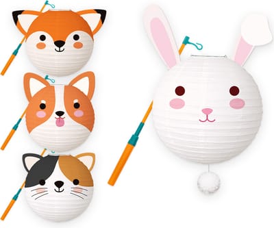 Lampion - Sint Maarten - Lampionstokje - Met Lichtje - Dieren - Treklampion - Papier - Kind - Wit - Versiering - 4 Stuks