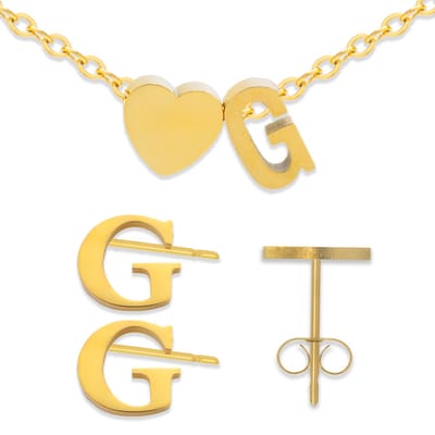 Initiaal Armband & Oorbellen set met Letter G Goudkleurig - Stainless Steel - Met letter & Hartje! - 2x Sieraden Cadeau - Pax Amare