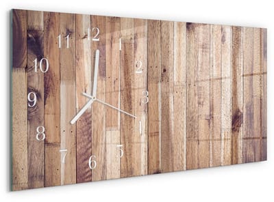 Tulup Wandklok - Houten planken Moderne Wandklok Glas - 60x30 cm - Bruin Wandklok Glas Decoratie - Witte Handen - Rechthoekige Wandklok - Wandklok Glas Met Motief - Decoratieve Glazen Klok