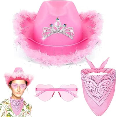 Cowgirl kostuumset met roze cowboyhoed, feestbril en bandana voor Halloween en carnaval, ideaal voor cosplay en themafeesten