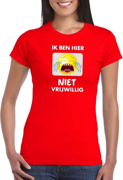 Rood feest shirt - Ik ben hier niet vrijwillig met emoticon voor dames S