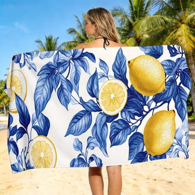 Serviette de plage à imprimé citron - Motif feuilles bleues et citrons jaunes, Microfibre douce Séchage rapide Sans sable Pour le voyage la piscine l'été 27x55inch 70x140cm&1pc