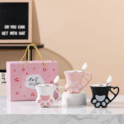 Hoge Waarde Liefde Handgedragen Enkele Kop Geschenkdoos Schattige Cartoon Keramische Kop Kattenklauw Grote Capaciteit Gepersonaliseerde Mok 450ML beige