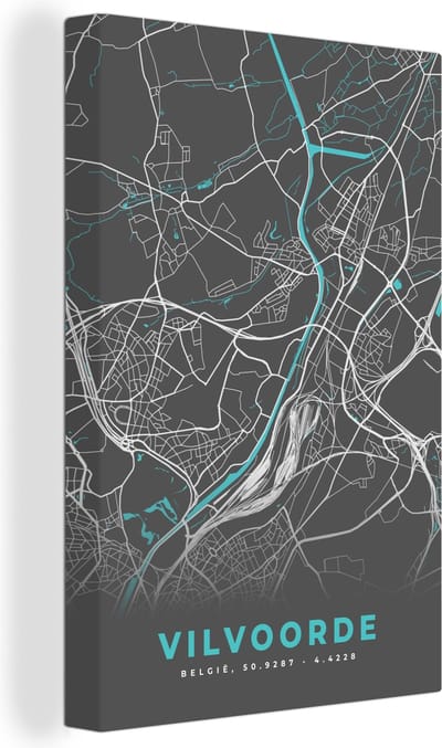 Canvas Schilderij Stadskaart – Grijs - Kaart – Vilvoorde – België – Plattegrond - 20x30 cm - Wanddecoratie
