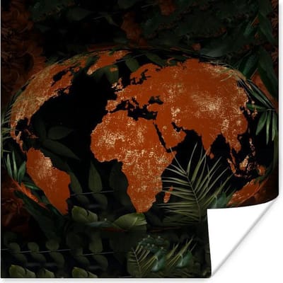 Poster 30x30 cm - Wereldkaart - Planten - Rood - Posters - Kamer decoratie - Wanddecoratie woonkamer - Muurdecoratie slaapkamer