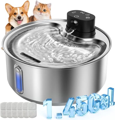 Drinkfontein voor honden en katten, roestvrij staal, draadloos, 5,5 l (6 filters) | 5000 mAh accu met bewegingsmelder, stille waterpomp, scharzer