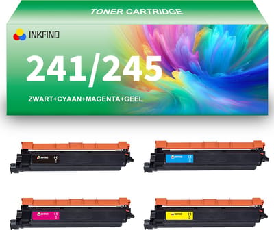 INKFIND TN241/TN245 tonercartridge (extra hoge capaciteit) multipack van 4 stuks (Zwart+Cyaan+Magenta+Geel) compatibel met Brother TN241 245 TN-241BK/TN-245C/245M/245Y voor Brother HL-3140CW/3150CDW/3170CDW/MFC-9130CW/9140CDN/9330CDW/9340CDW - 4-pack