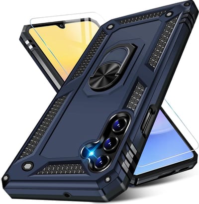 Casemania Hoesje Geschikt voor Samsung Galaxy A15 Blauw & Glazen Screenprotector - Anti-Shock Hybrid Armor Back Cover - Hoes met Kickstand Ring