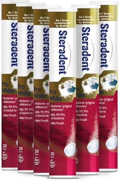 Steradent Kunstgebit Reinigingstabletten - Pro White - 6 x 30 Tabletten ( 180 stuks) - voordeelverpakking