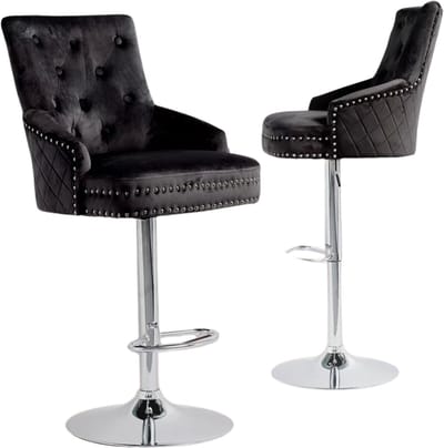 Luxe Barkrukken - Set van 2 - Met rugleuning - Zwart - Velvet - Verstelbaar - Voor Keuken, Bar of woonkamer - Draaibaar