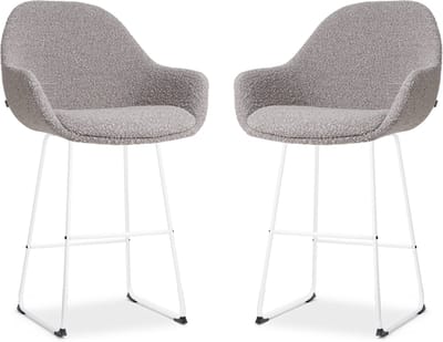 Nolon Nino-Mae Barkrukken Set van 2 Bouclé Taupe - Wit Onderstel - 65 cm - Stof - Voor Kookeiland - met Rugleuning - Design - Scandinavisch - Comfortabel