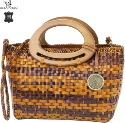 DE LAMASSU® Gevlochten Leren Handtas Dames – Echt Leer – Schoudertas met Houten Handgrepen – Crossbody Tas – Ritssluiting – 35 x 23 x 11 cm