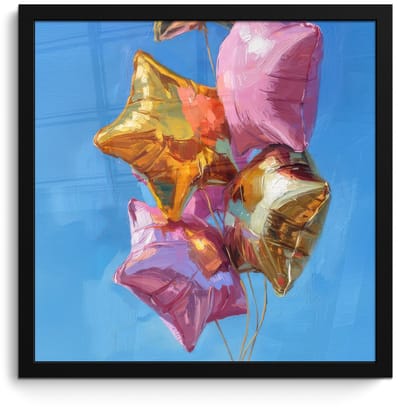 Poster in lijst - Fotolijst 40x40 cm - Posters - Ballonnen - Goud - Stervorm - Roze - Posterlijst zwart - Decoratie - Wanddecoratie woonkamer - Muurdecoratie slaapkamer