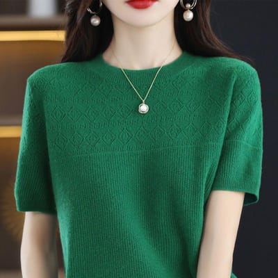 Gebreid Shirt Uitgehold T-shirt Lente Nieuw Ronde Hals Korte Mouw Losse Top 2XL