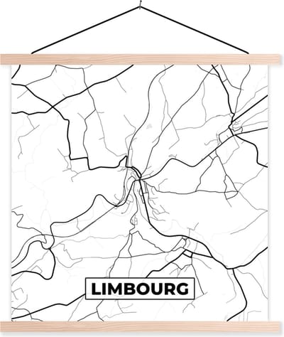 Posterhanger incl. Poster 40x40 cm - Schoolplaat - Stadskaart – Zwart Wit - Kaart – Limbourg – België – Plattegrond - Textielposter - Blanke latten - Stadskaart