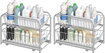 SONGMICS Keukenorganizer Set van 2 Keukenplankorganizer Systeem 2 Niveaus Stapelbaar Uitbreidbaar met Metalen Manden voor Keuken Badkamer Metallic Zilver KCS017E02