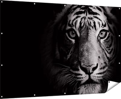 Gards Tuinposter Tijgerkop - Tijger - Zwart Wit - 180x120 cm - Tuindoek - Tuindecoratie - Wanddecoratie buiten - Tuinschilderij
