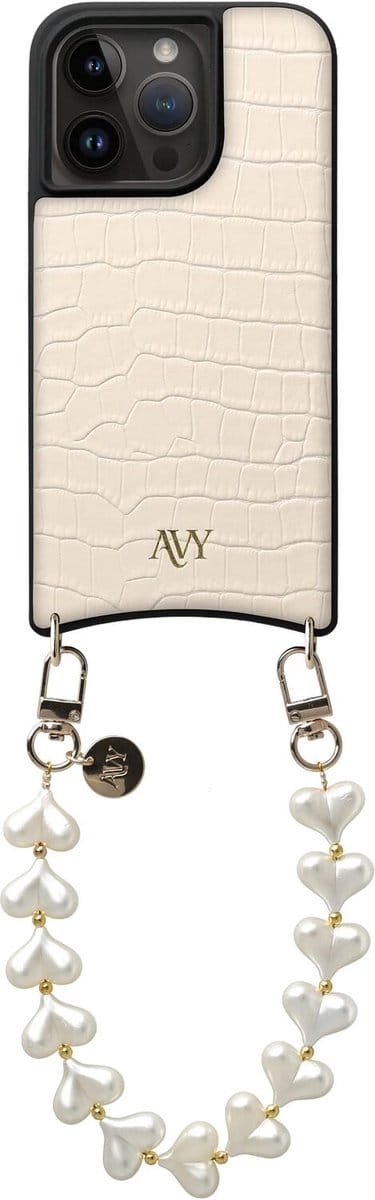 AVY Leren Hoesje Geschikt voor Apple iPhone 15 Pro | Compatibel met MagSafe | Leather Case met Telefoonkoord | Polsband | Croco Beige | Cupid Pearl