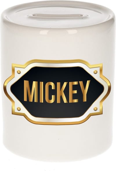 Spaarpot met voornaam Mickey - wit - met goud/zwart embleem - 8 x 9 cm - keramiek - met afsluitdop - cadeau verjaardag