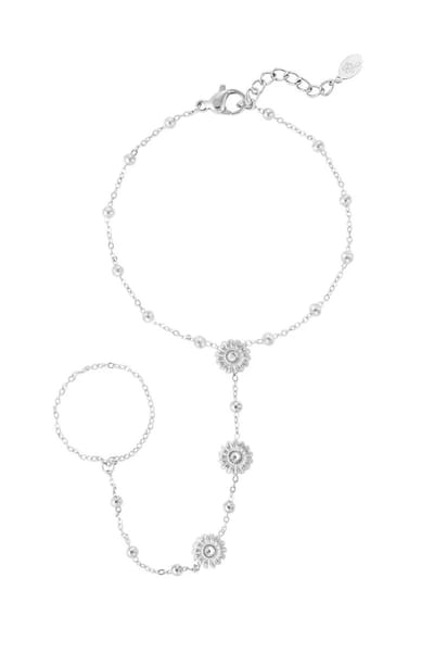Handchain Armband met Ring Dames – Florale Bedels – RVS – Zilver – Verstelbaar – Abeillefashion