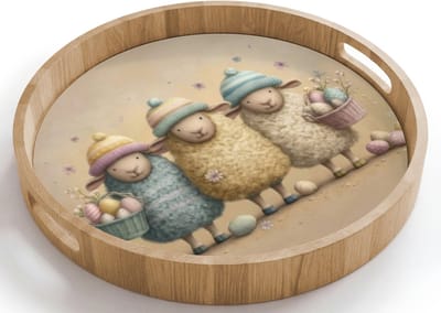 Dienblad rond 40x40 cm - Schootdienblad hout - Schaapjes - Eieren - Pastelkleuren - Pasen - Borrelplank rechthoek - Plateau houten dienbladen