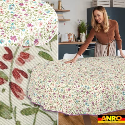 ANRO Tafelkleed Iris bloemen Beige Ovaal 160x140cm Met sierband Afwasbaar Waterafstotend