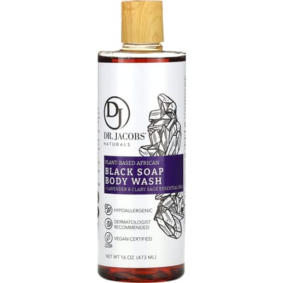 Dr. Jacobs Naturals, Botanical African Black Soap Body Wash, Lavender and Clary Sage Essential Oils, 16 oz (473 ml) white