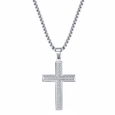 Fako Bijoux - Ketting Met Kruisje Kristal - Diamond Cross - Kruis Zirkonia - 26x41mm - 60cm - 2mm - Stainless Steel - RVS - Staal - Zilverkleurig
