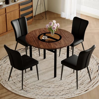 MODENUIT Eettafelset 100 cm - Ronde Tafel Met 4 Stoelen En Glasplateau - Voor Eetkamer En Keuken - MDF PU - Bruin Zwart