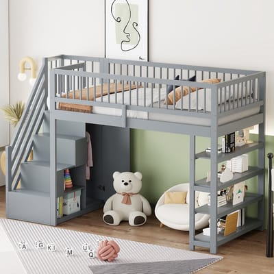 Sweiko Hoogslaper - 90 x 200 cm - met Kledingkast - Opbergplank - Houten kinderbed - Grijs