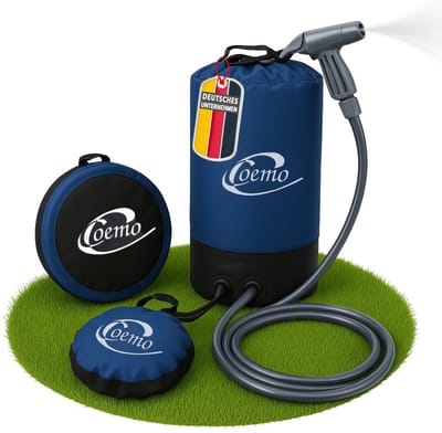 Campingdouche met voetpomp, blauw, draagbare tuindouche, slang met douchekop, eenvoudige drukopbouw via pomp, zonnedouche, duurzaam en waterdicht PVC