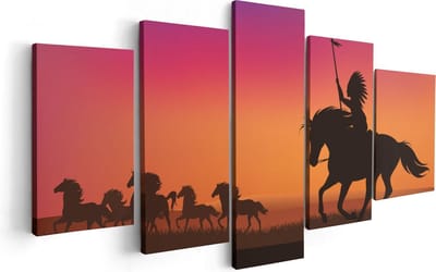 Artaza Canvas Schilderij Vijfluik Silhouet van een Indiaan op een Paard - 100x50 - Foto Op Canvas - Canvas Print