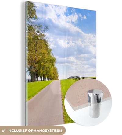 MuchoWow® Glasschilderij 30x40 cm - Schilderij acrylglas - Wolken - Bomen - Weg - Foto op glas - Schilderijen