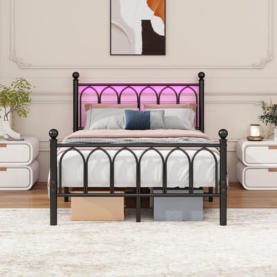 Pugsdrly Metalen bedframe 120 x 200 cm met vintage hoofdeinde en voeteneinde, USB-oplaadstation, LED-bedframe, ultrastevige stalen latten, opbergruimte onder het bed, geen lattenbodem nodig, zwart