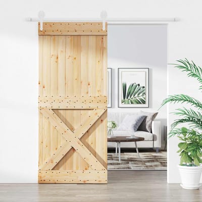 vidaXL - Schuifdeur - Natuurlijk - en - Wit - 90 - x - 210 - cm - Massief - Pine - Hout