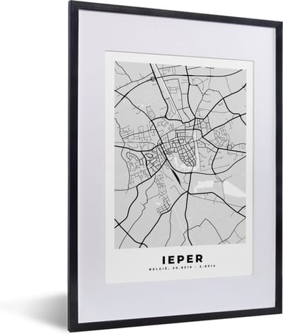 Fotolijst incl. Poster Zwart Wit- Plattegrond – Ieper – Zwart Wit – Stadskaart - Kaart - 30x40 cm - Posterlijst