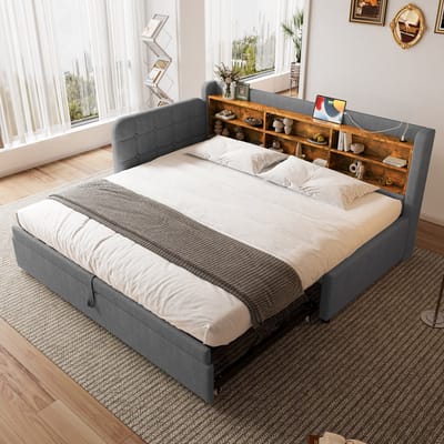 Daybed - 90x200 cm - Slaapbank met Uitschuifbaar Bed - USB en Opslag - Linnen - Grijs