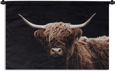 Wandkleed - Wanddoek - Schotse Hooglander - Zwart - Hoorn - 180x120 cm - Wandtapijt