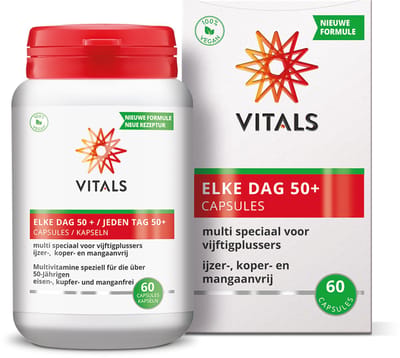 Vitals Elke Dag 50+ - 60 capsules - multivitamine. Multi speciaal voor vijftigplussers. Ijzer-, koper- en mangaanvrij.
