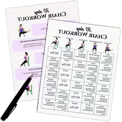 Oefenposter op stoel - Fitnesskaarten set - Flexibiliteit verbeteren - Beginnersvriendelijke gids - 25 x 20 cm - 6 afbeeldingen