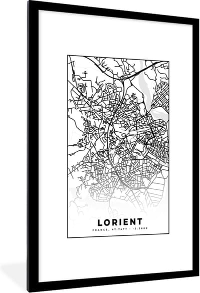 Fotolijst incl. Poster Zwart Wit- Plattegrond - Lorient - Kaart - Frankrijk - Stadskaart - Zwart wit - 80x120 cm - Posterlijst