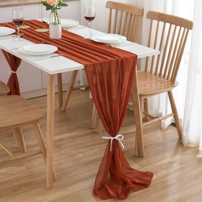 Tafelkleed/loper, chiffon, 70 x 300 cm, in roestrood, tafelband terracotta 3 m, afwasbaar, tafelrunner tafeldecoratie, bruiloft