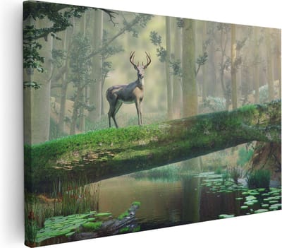 Artaza Canvas Schilderij Hert In Bos - 30x20 cm - Klein - Wanddecoratie Hertenkop - Muurdecoratie Boom - Kamer Accessoires Woonkamer